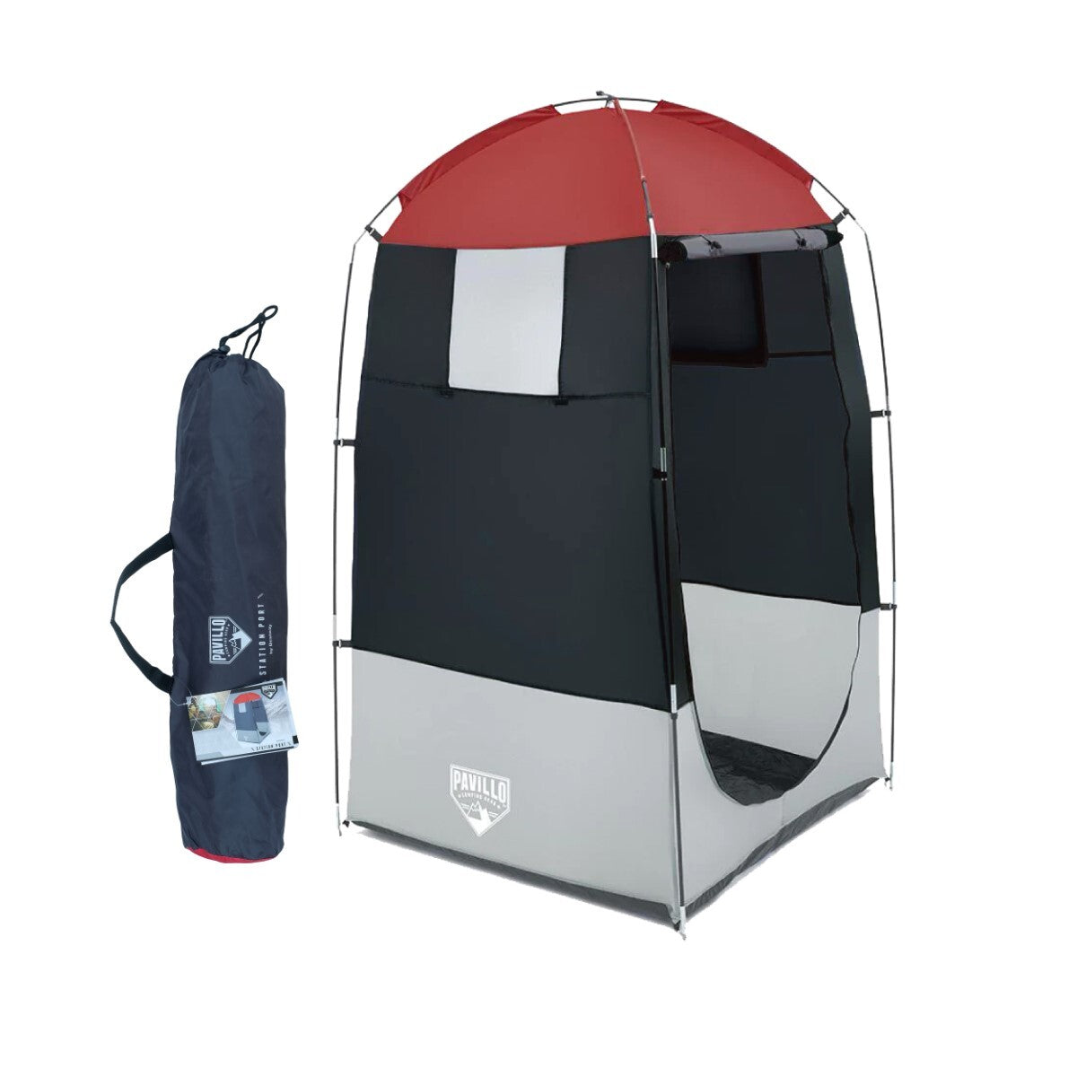 Bestway 1.9m x 1.1m Outdoor Portable Change Room Tent with zipper door and removable floor drain, set up in a natural outdoor setting.