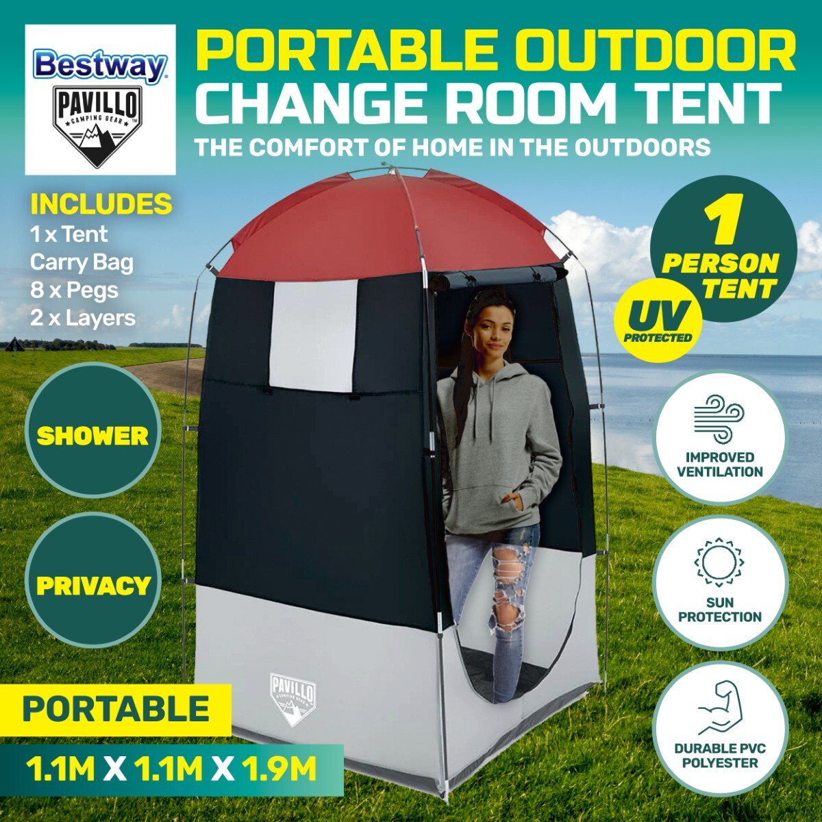 Bestway 1.9m x 1.1m Outdoor Portable Change Room Tent with zipper door and removable floor drain, set up in a natural outdoor setting.