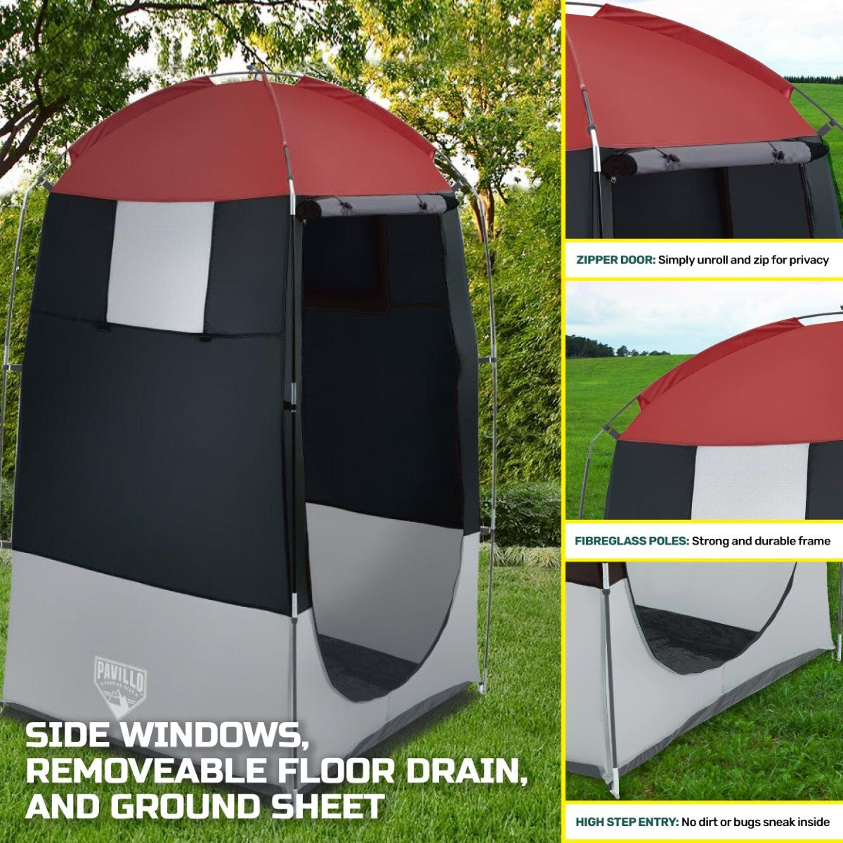 Bestway 1.9m x 1.1m Outdoor Portable Change Room Tent with zipper door and removable floor drain, set up in a natural outdoor setting.