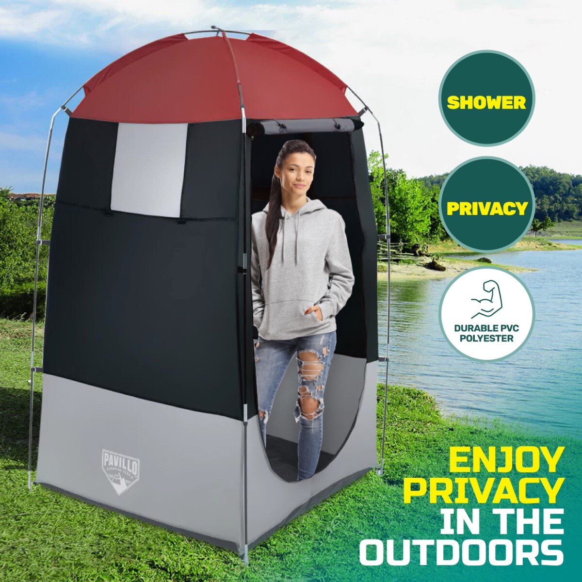 Bestway 1.9m x 1.1m Outdoor Portable Change Room Tent with zipper door and removable floor drain, set up in a natural outdoor setting.