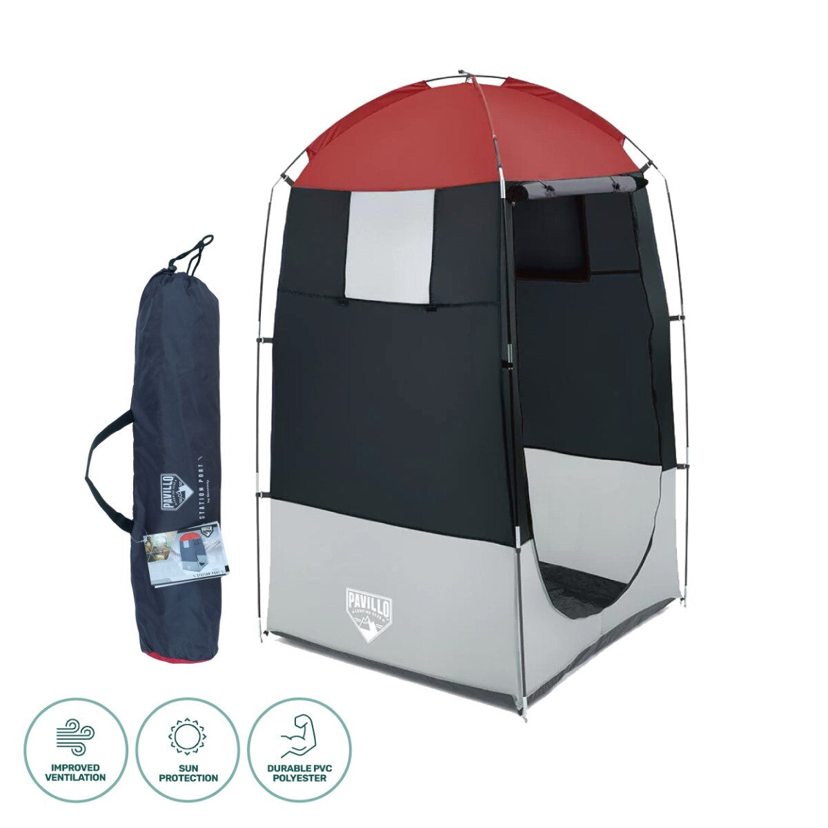 Bestway 1.9m x 1.1m Outdoor Portable Change Room Tent with zipper door and removable floor drain, set up in a natural outdoor setting.