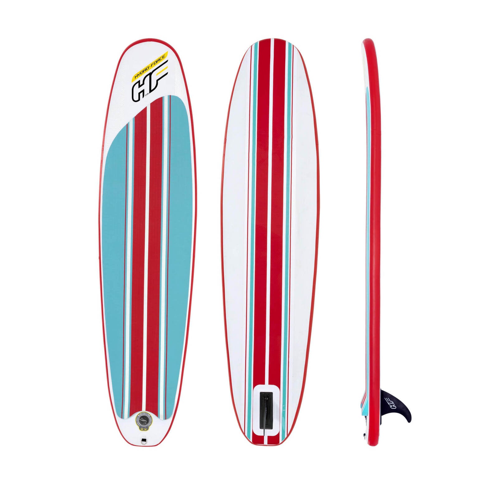 Bestway 2.4m inflatable surfboard with accessories including hand pump and travel backpack, designed for strength and durability.