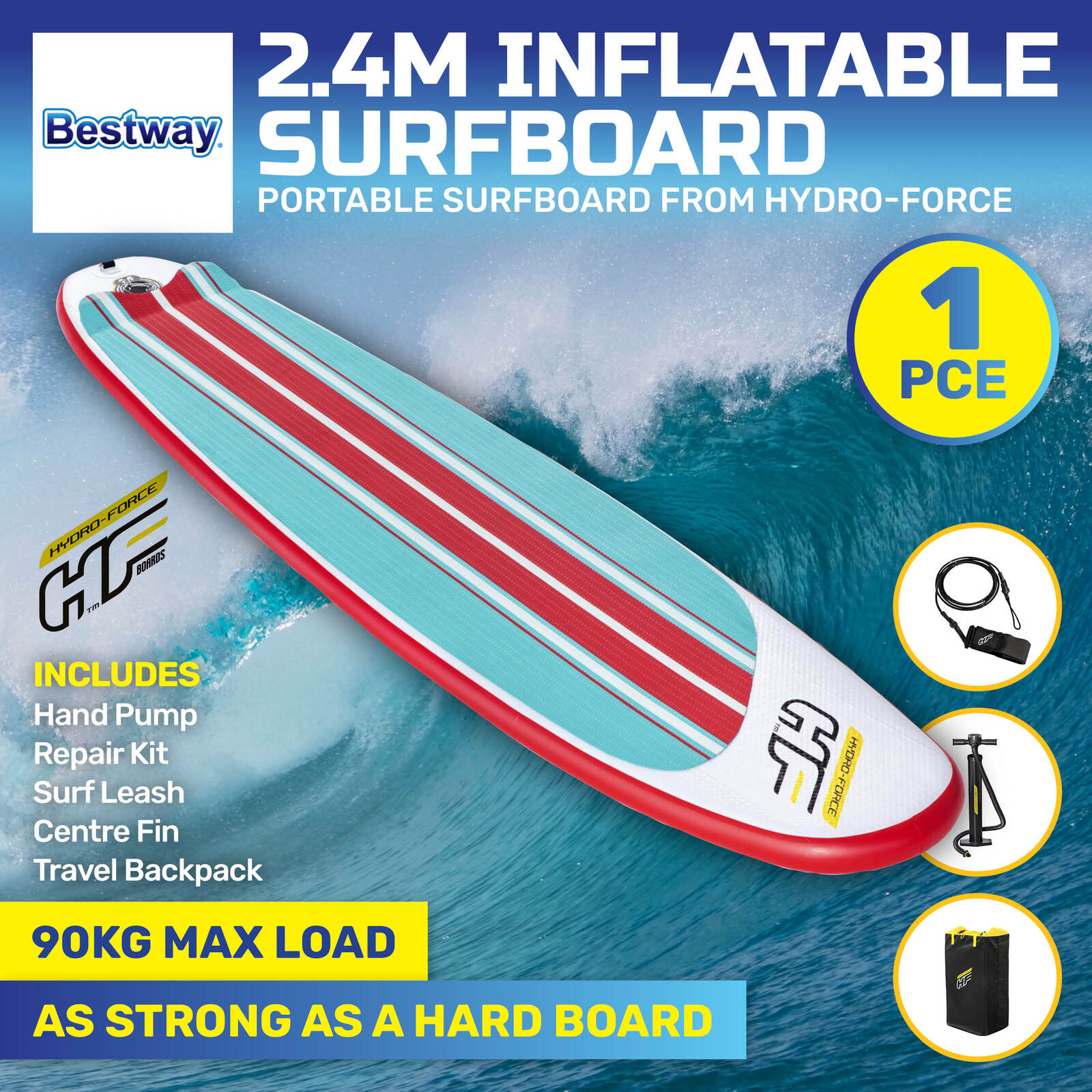 Bestway 2.4m inflatable surfboard with accessories including hand pump and travel backpack, designed for strength and durability.