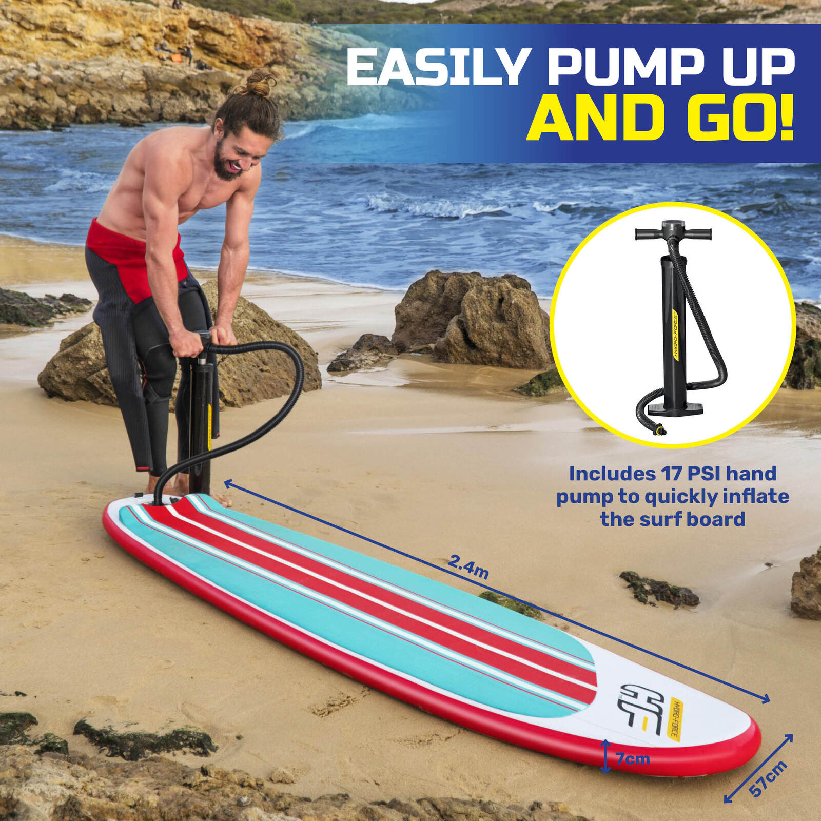 Bestway 2.4m inflatable surfboard with accessories including hand pump and travel backpack, designed for strength and durability.