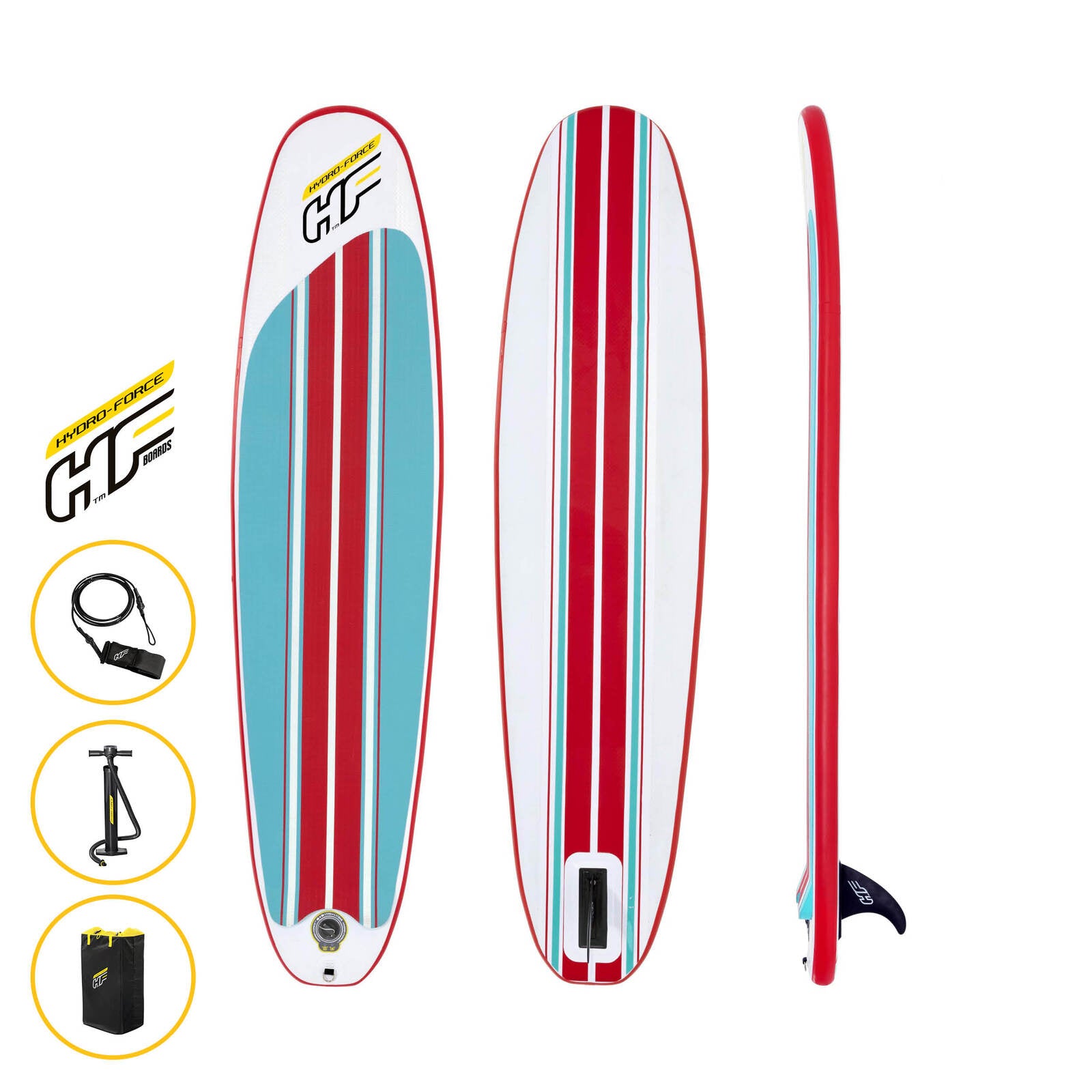 Bestway 2.4m inflatable surfboard with accessories including hand pump and travel backpack, designed for strength and durability.