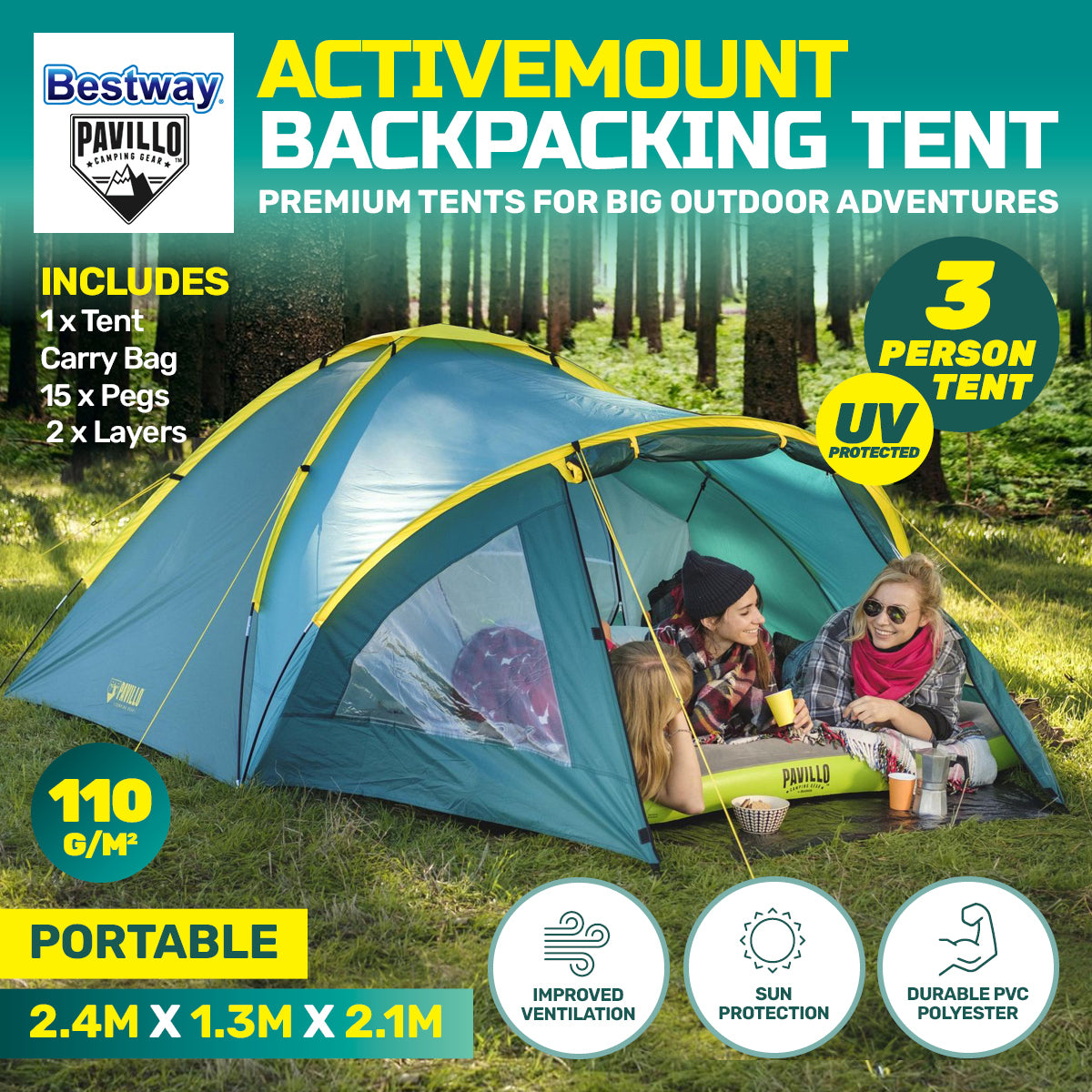 Bestway 2.4m x 2.1m tent for 3 people, featuring UV protection and a durable double-layered design, set up in a scenic outdoor location.