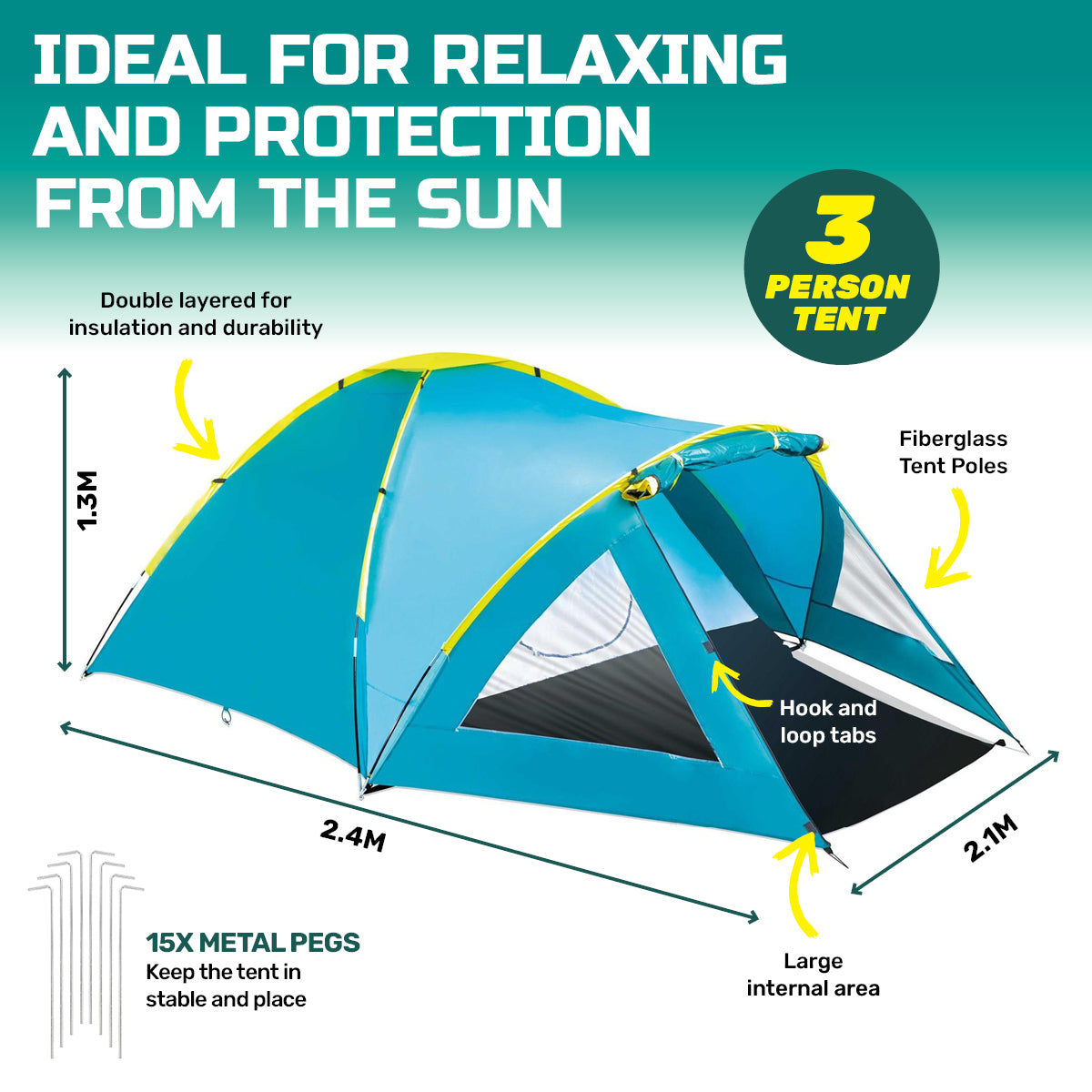 Bestway 2.4m x 2.1m tent for 3 people, featuring UV protection and a durable double-layered design, set up in a scenic outdoor location.