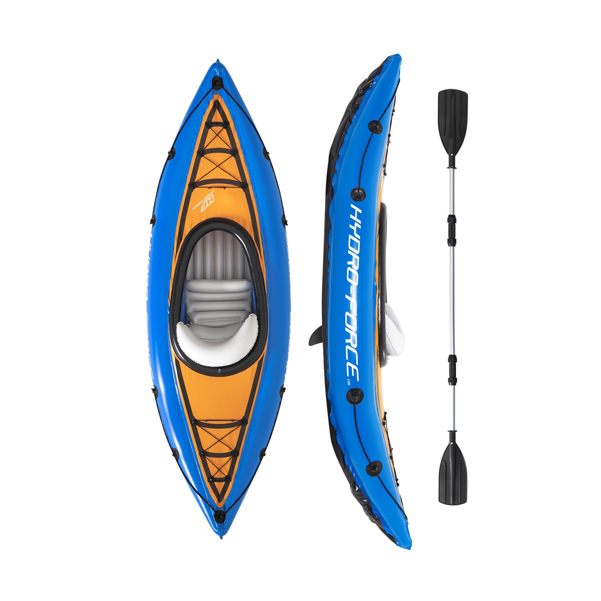 Bestway 2.8m inflatable kayak with oar and pump, showcasing its durable design and vibrant color.