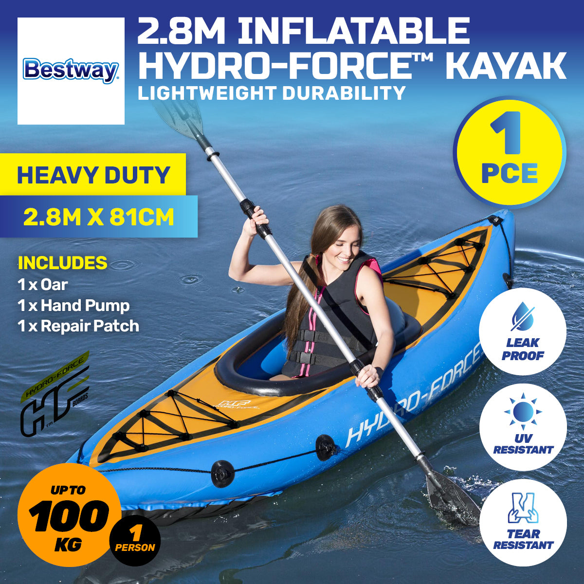 Bestway 2.8m inflatable kayak with oar and pump, showcasing its durable design and vibrant color.