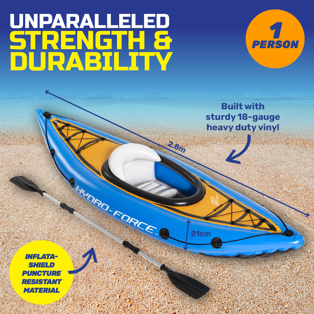 Bestway 2.8m inflatable kayak with oar and pump, showcasing its durable design and vibrant color.