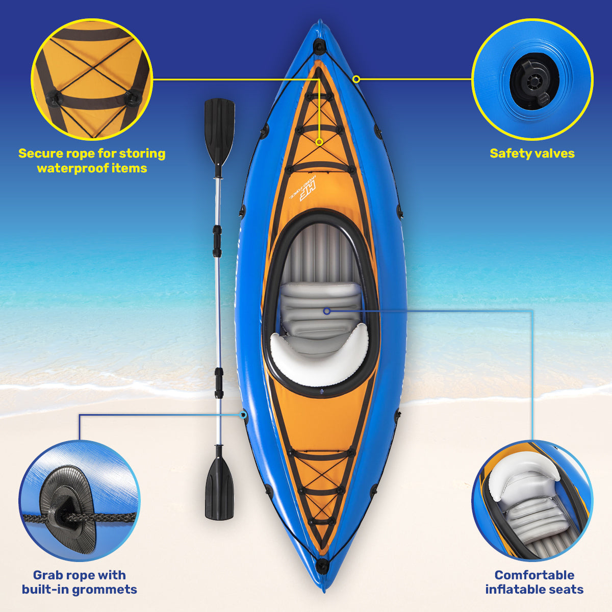 Bestway 2.8m inflatable kayak with oar and pump, showcasing its durable design and vibrant color.