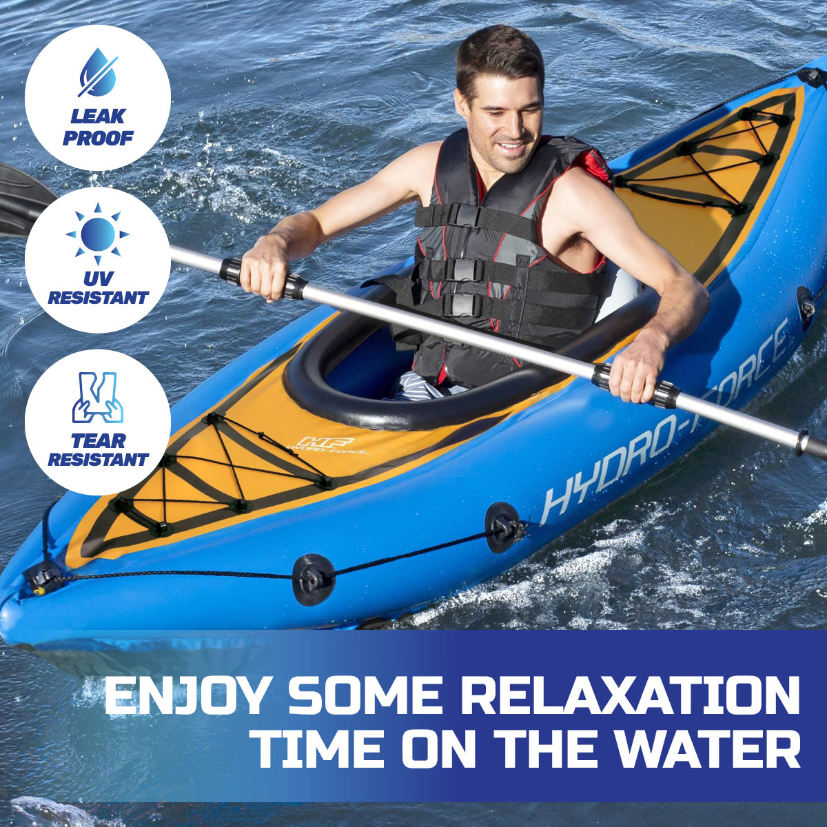 Bestway 2.8m inflatable kayak with oar and pump, showcasing its durable design and vibrant color.