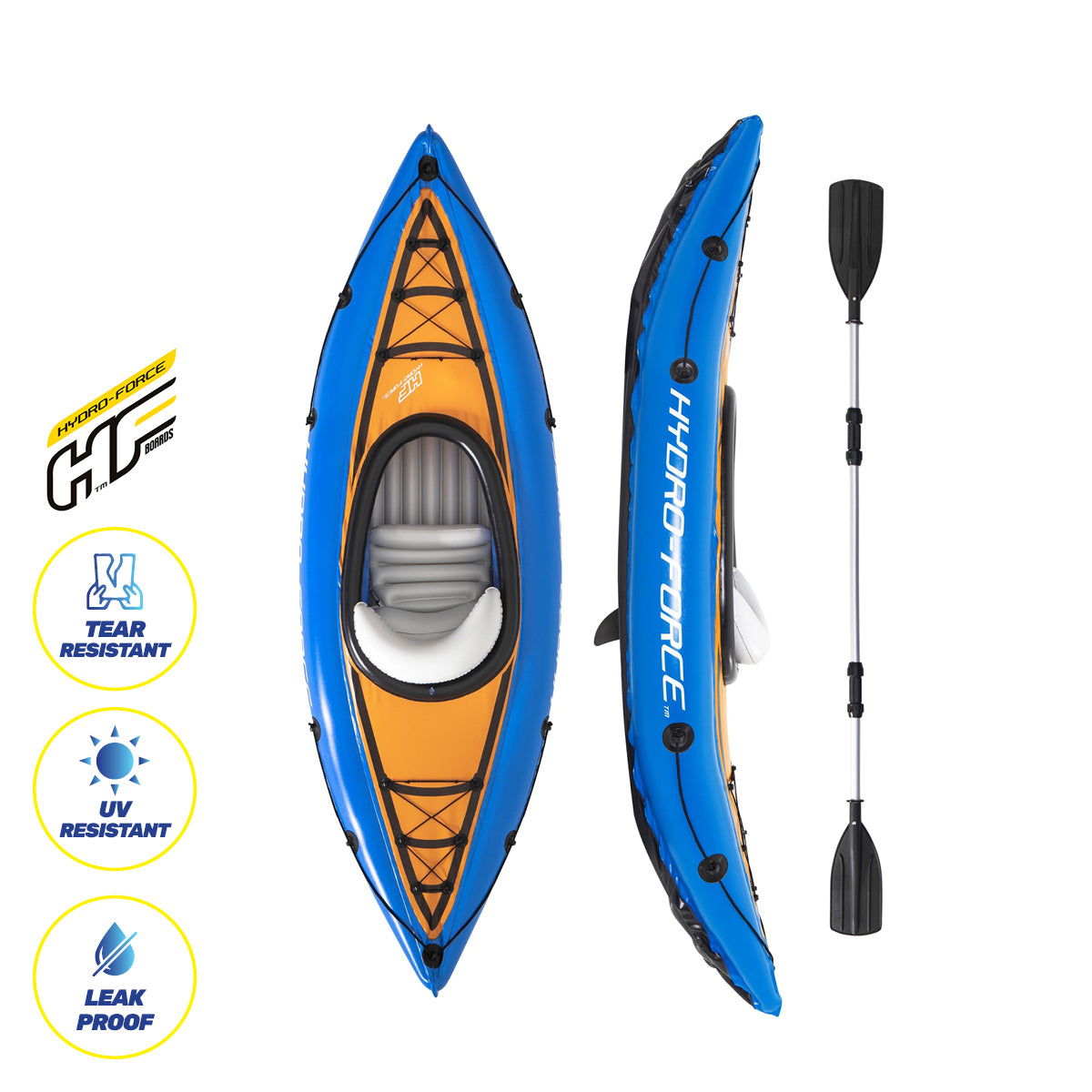 Bestway 2.8m inflatable kayak with oar and pump, showcasing its durable design and vibrant color.