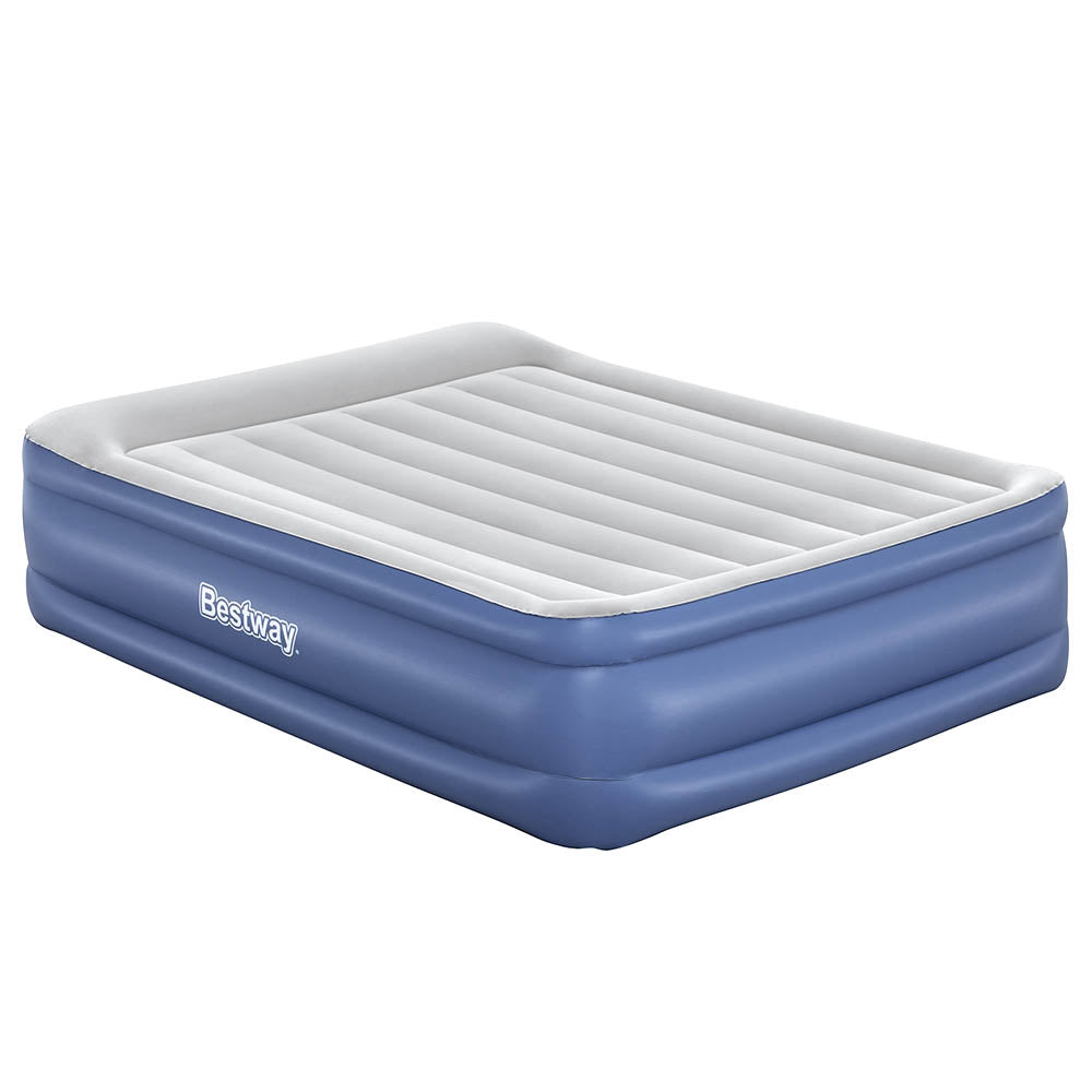 Bestway Air Bed Inflatable Mattress Queen with a comfortable flocked surface and built-in electric pump, ideal for indoor and outdoor use.