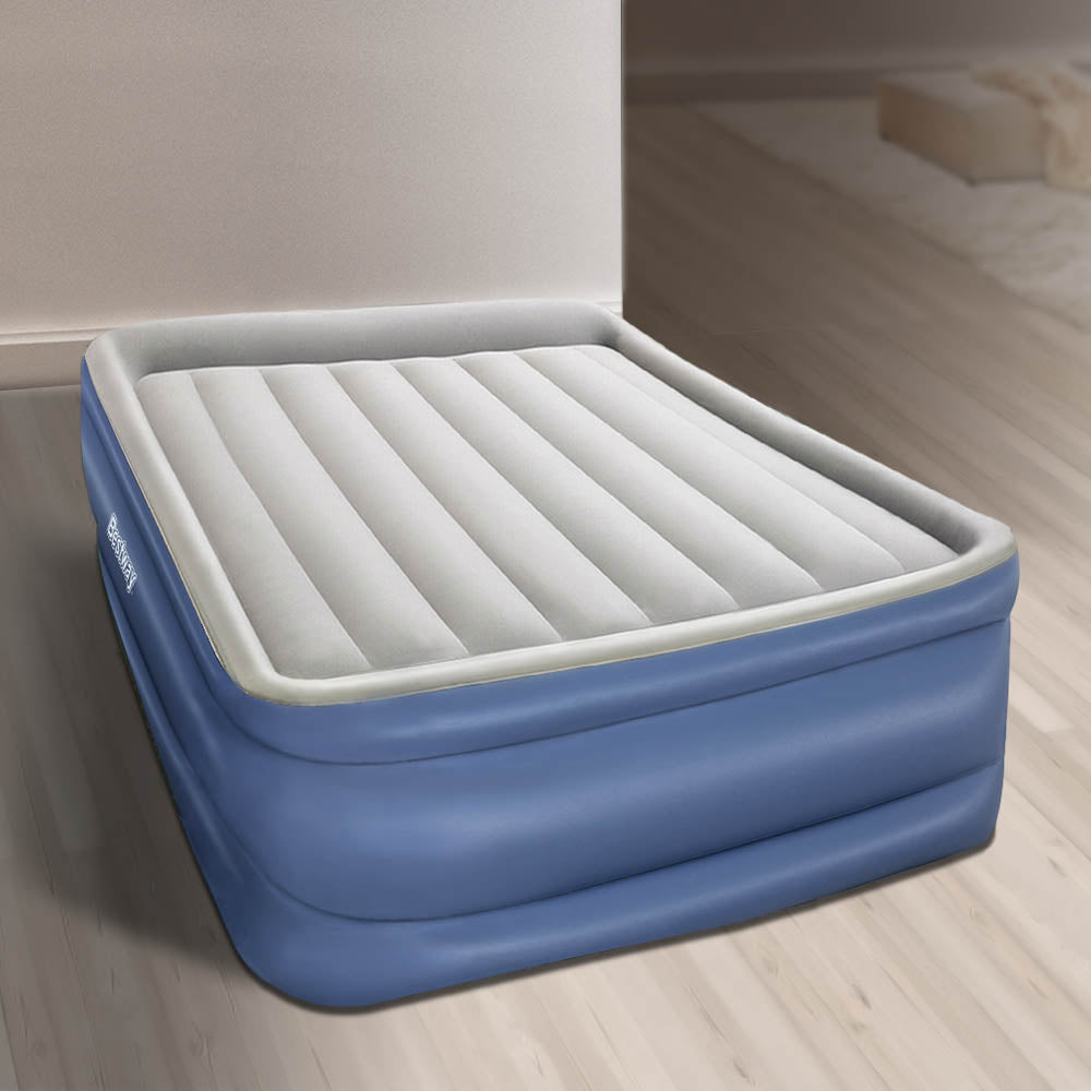 Bestway Air Bed Inflatable Mattress Queen with a comfortable flocked surface and built-in electric pump, ideal for indoor and outdoor use.