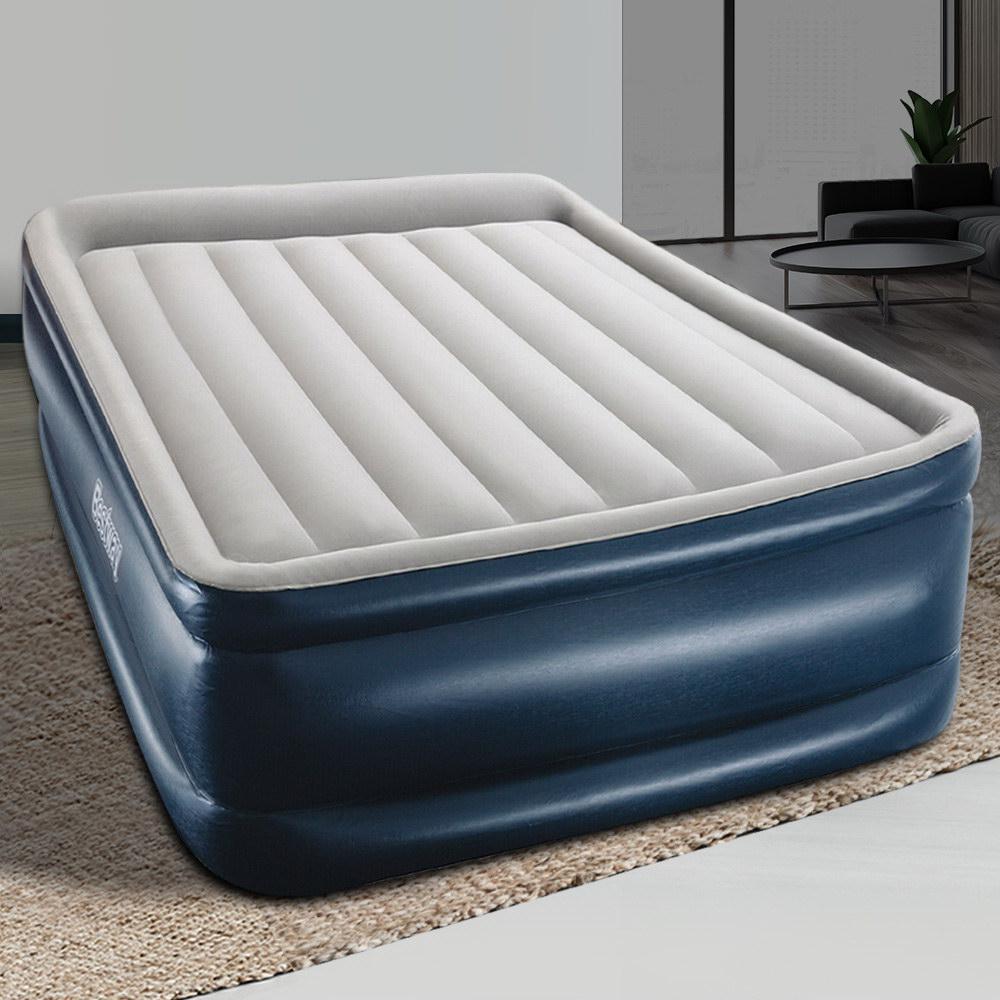 Bestway Air Bed Inflatable Mattress Queen with a comfortable flocked surface and built-in electric pump, ideal for indoor and outdoor use.