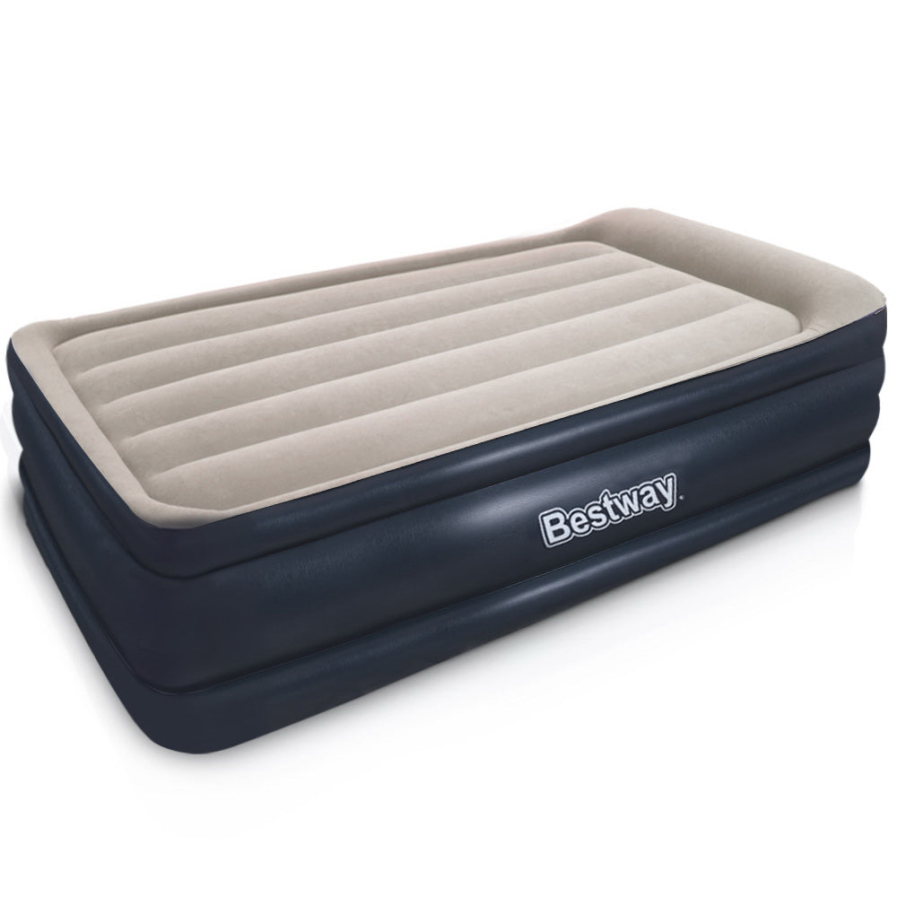 Bestway Air Bed - Single Size with a comfortable flocked surface and built-in pump, ideal for indoor and outdoor use.