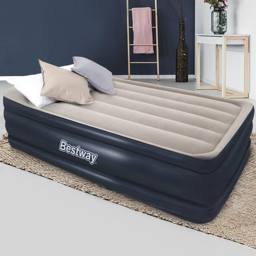 Bestway Air Bed - Single Size with a comfortable flocked surface and built-in pump, ideal for indoor and outdoor use.