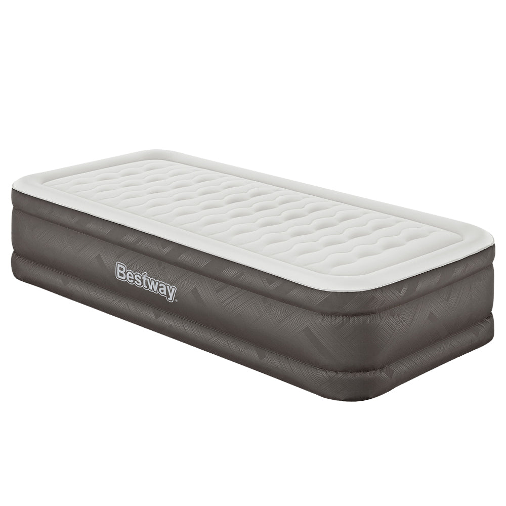 Bestway Air Mattress Bed Single Size with a flocked surface, showcasing its sturdy construction and built-in pump.