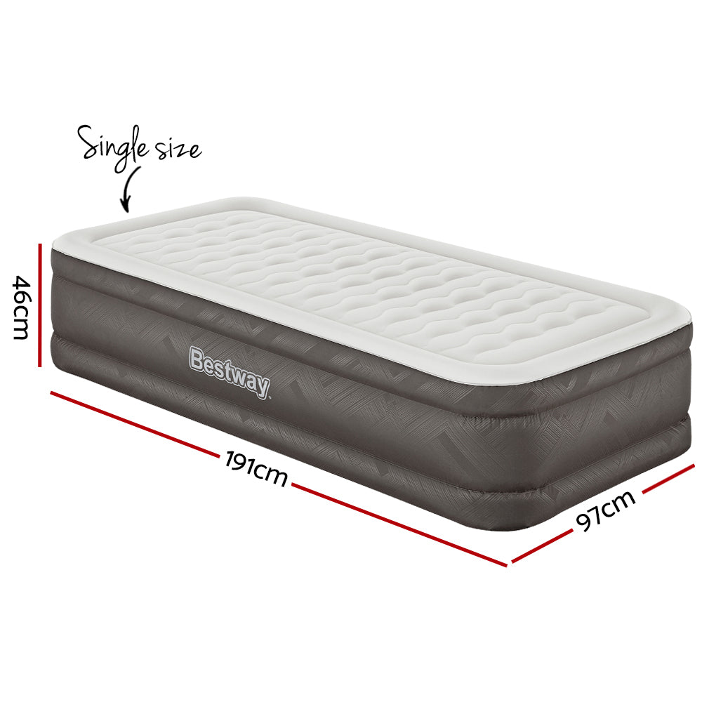 Bestway Air Mattress Bed Single Size with a flocked surface, showcasing its sturdy construction and built-in pump.