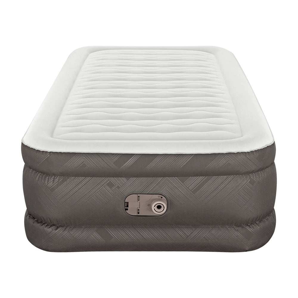 Bestway Air Mattress Bed Single Size with a flocked surface, showcasing its sturdy construction and built-in pump.