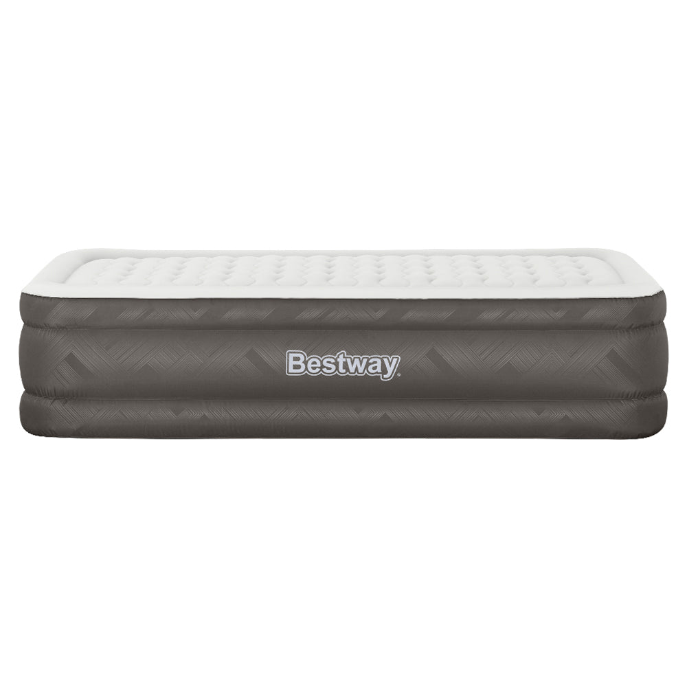 Bestway Air Mattress Bed Single Size with a flocked surface, showcasing its sturdy construction and built-in pump.