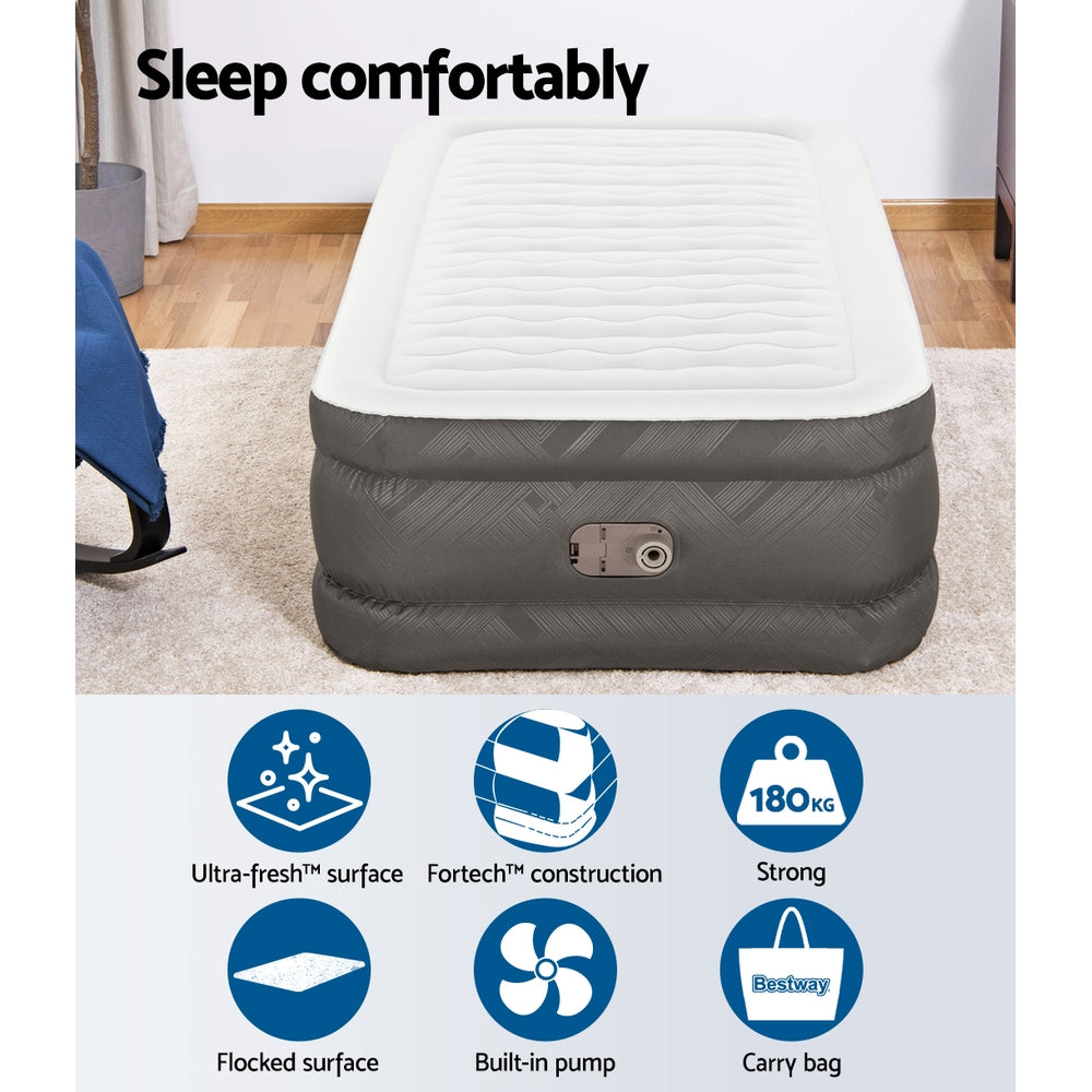 Bestway Air Mattress Bed Single Size with a flocked surface, showcasing its sturdy construction and built-in pump.