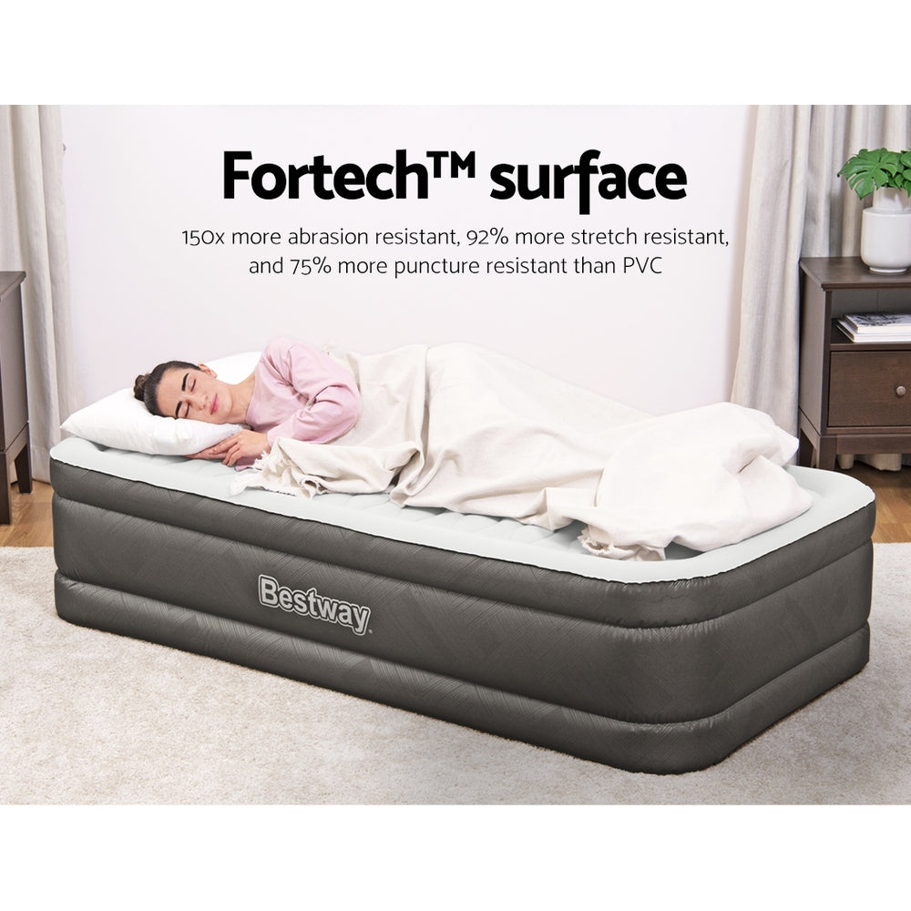 Bestway Air Mattress Bed Single Size with a flocked surface, showcasing its sturdy construction and built-in pump.