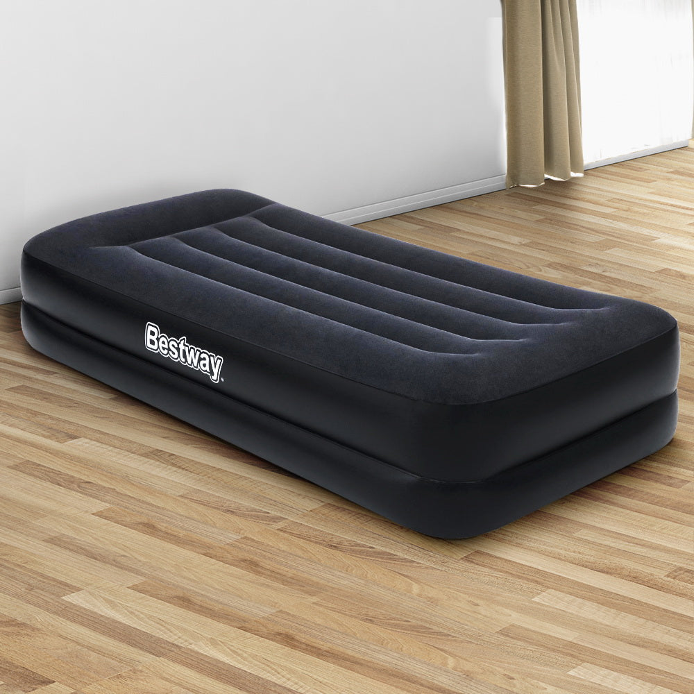 Bestway Air Mattress Bed single size with built-in pillow and pump, ideal for camping and guest use.