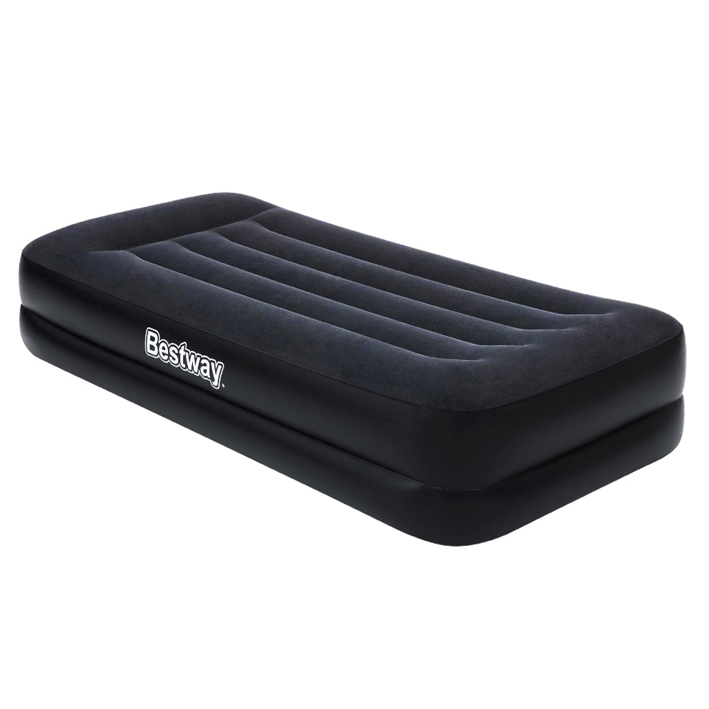 Bestway Air Mattress Bed single size with built-in pillow and pump, ideal for camping and guest use.