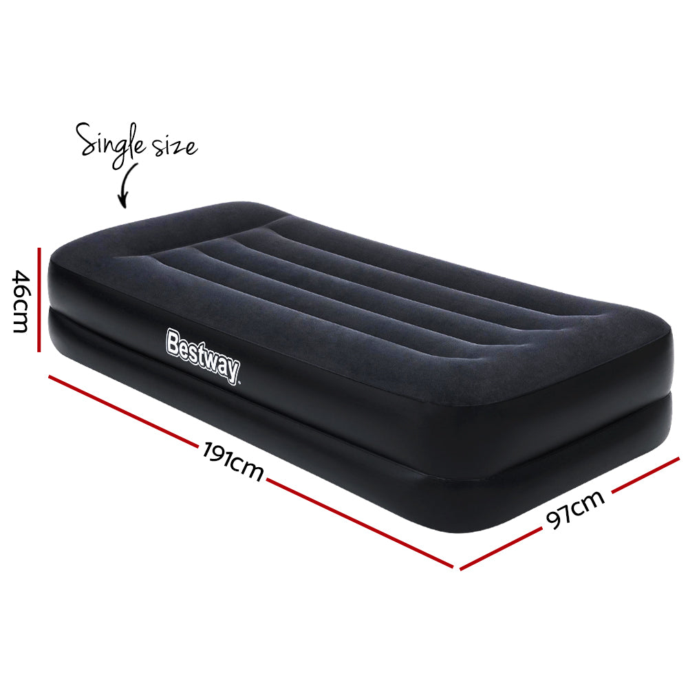 Bestway Air Mattress Bed single size with built-in pillow and pump, ideal for camping and guest use.