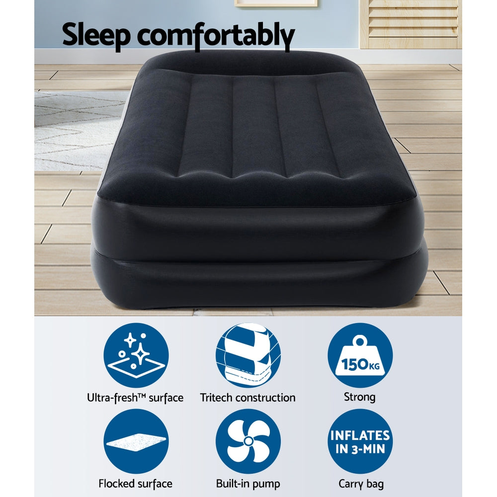 Bestway Air Mattress Bed single size with built-in pillow and pump, ideal for camping and guest use.