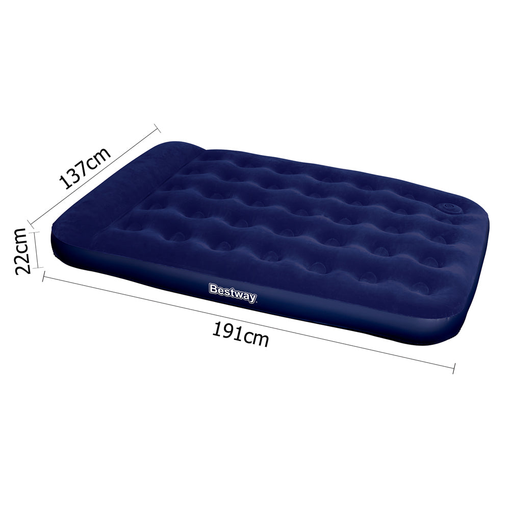 Bestway Double Size Inflatable Air Mattress in navy color with built-in pillow and foot pump.