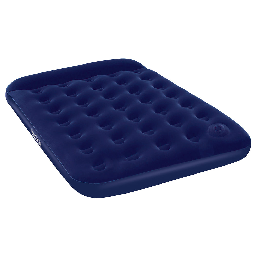 Bestway Double Size Inflatable Air Mattress in navy color with built-in pillow and foot pump.