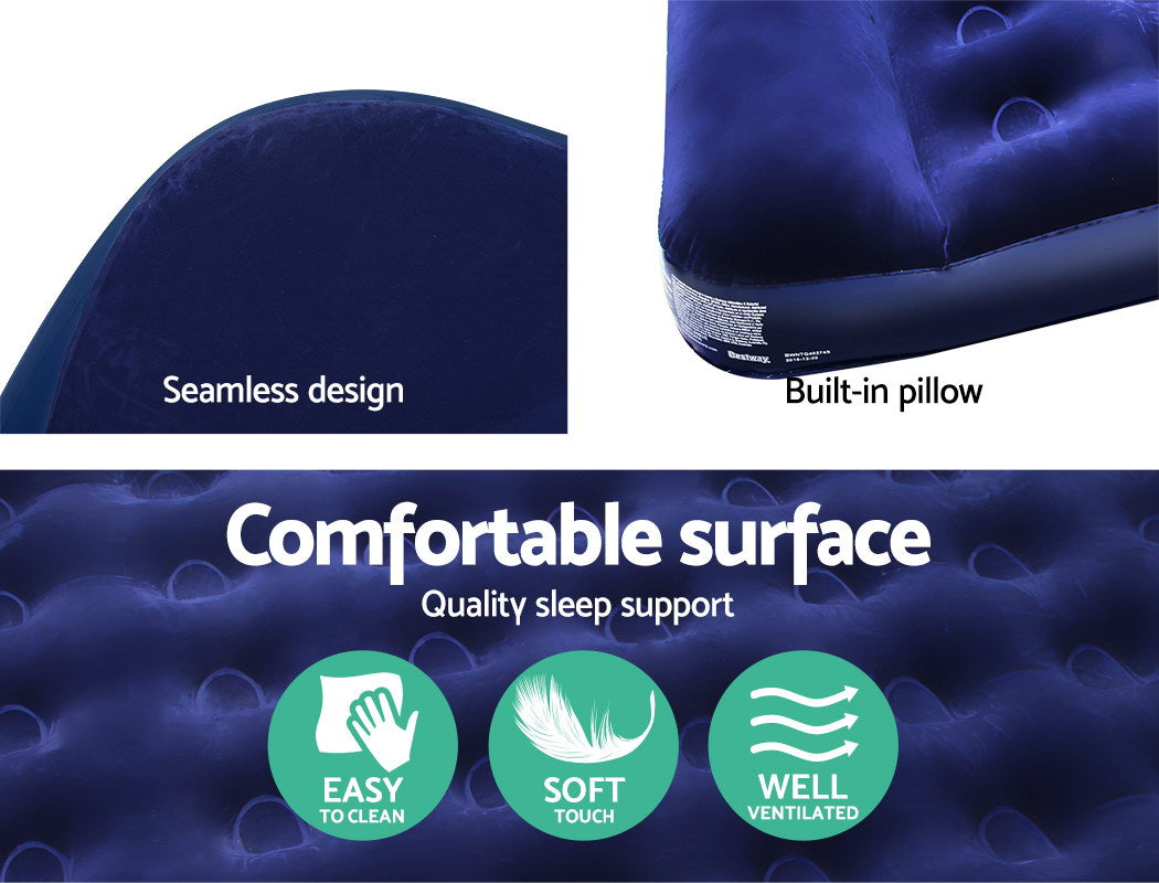 Bestway Double Size Inflatable Air Mattress in navy color with built-in pillow and foot pump.