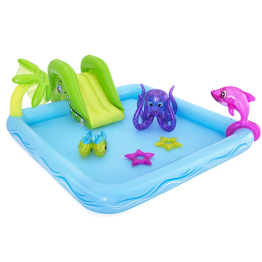 Bestway Fantastic Aquarium Pool with slide and inflatable toys, featuring a vibrant aquatic theme for children's play.