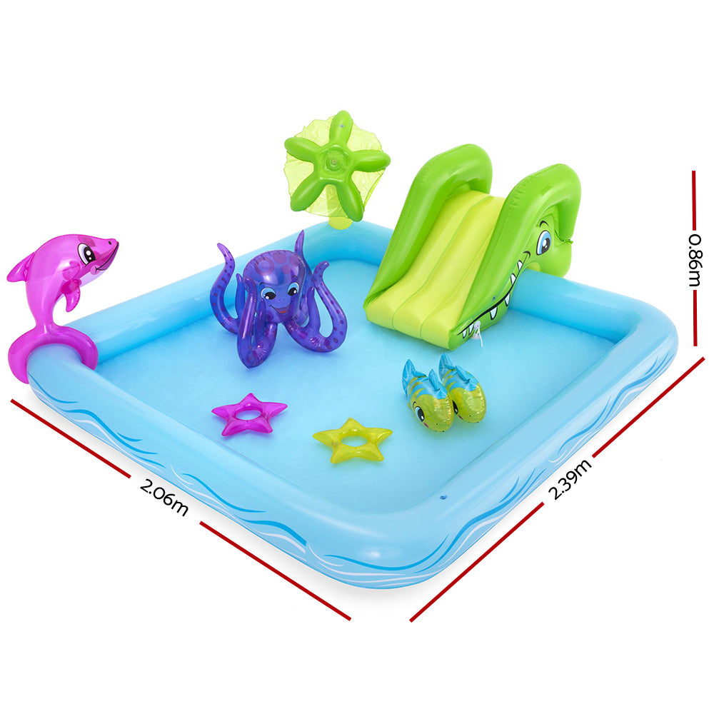 Bestway Fantastic Aquarium Pool with slide and inflatable toys, featuring a vibrant aquatic theme for children's play.