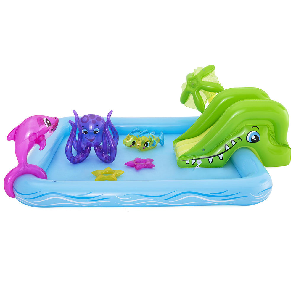 Bestway Fantastic Aquarium Pool with slide and inflatable toys, featuring a vibrant aquatic theme for children's play.