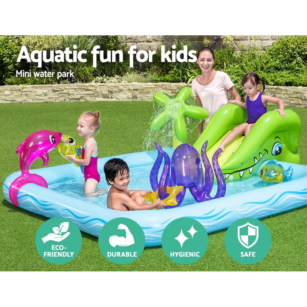 Bestway Fantastic Aquarium Pool with slide and inflatable toys, featuring a vibrant aquatic theme for children's play.