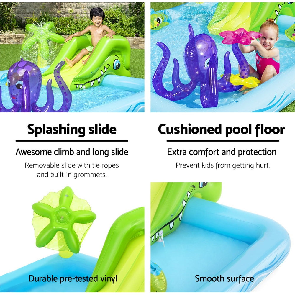 Bestway Fantastic Aquarium Pool with slide and inflatable toys, featuring a vibrant aquatic theme for children's play.