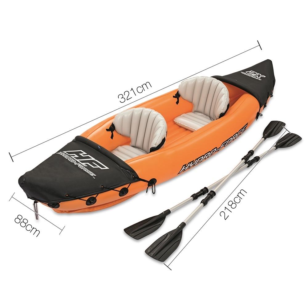 Bestway Hydro Force Kayak in vibrant orange color, showcasing its inflatable design and spacious seating for two adults.