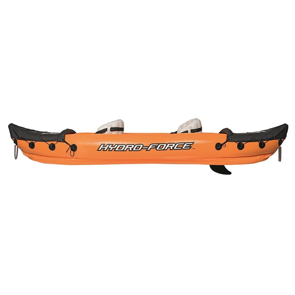 Bestway Hydro Force Kayak in vibrant orange color, showcasing its inflatable design and spacious seating for two adults.