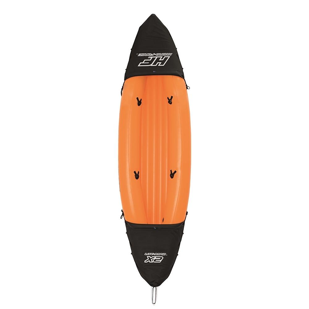 Bestway Hydro Force Kayak in vibrant orange color, showcasing its inflatable design and spacious seating for two adults.