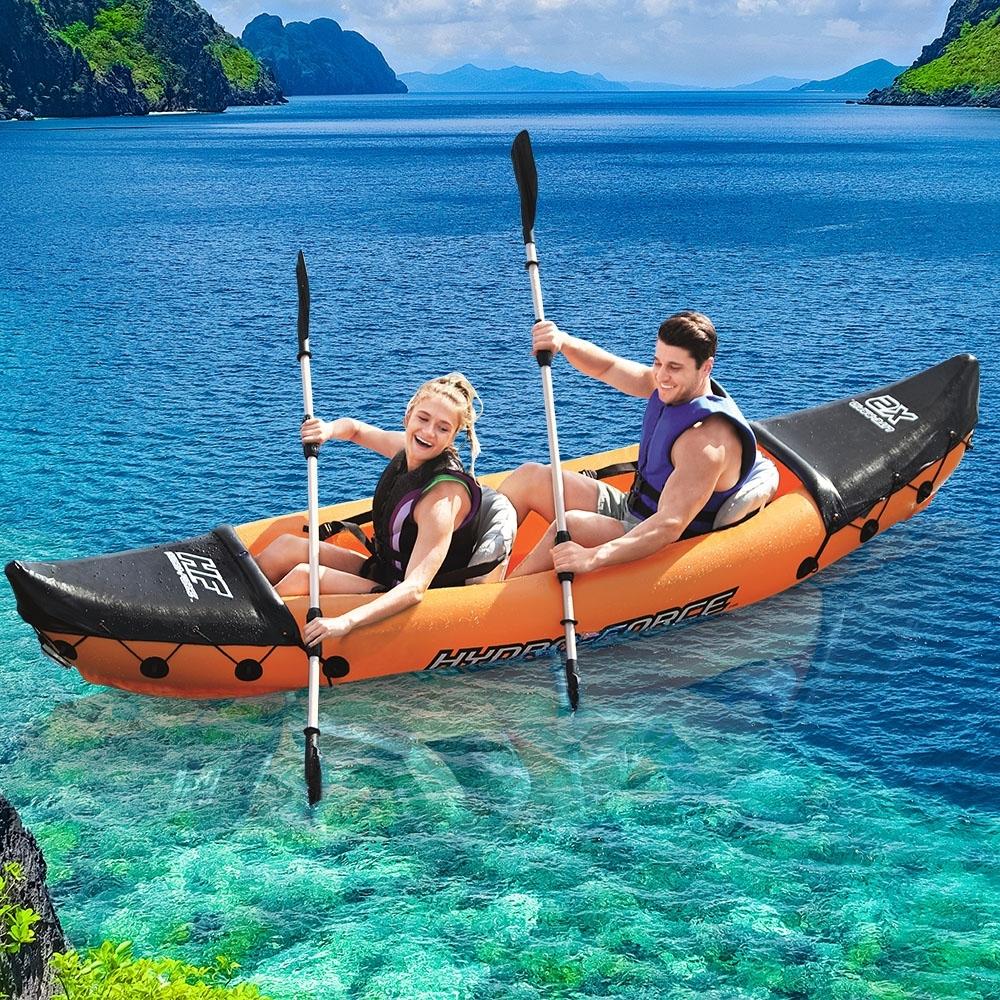 Bestway Hydro Force Kayak in vibrant orange color, showcasing its inflatable design and spacious seating for two adults.