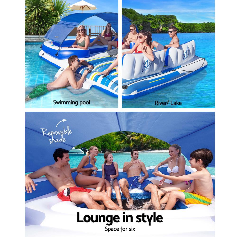 Bestway Inflatable Floating Island Lounge with six cup holders and sun shade, perfect for summer fun on the water.