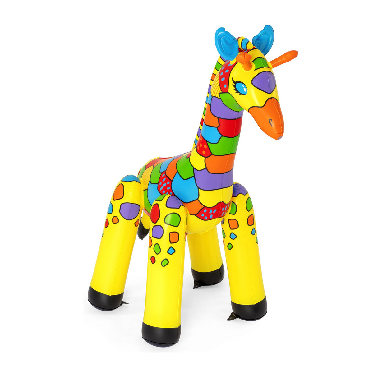 Brightly coloured 2m tall inflatable giraffe sprinkler with built-in sprayer, perfect for summer fun.