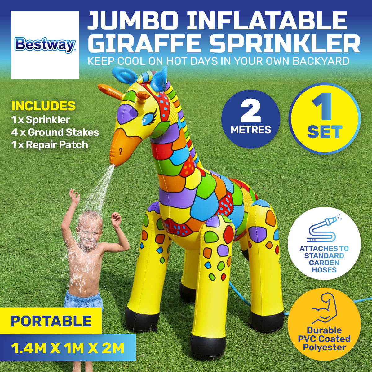 Brightly coloured 2m tall inflatable giraffe sprinkler with built-in sprayer, perfect for summer fun.