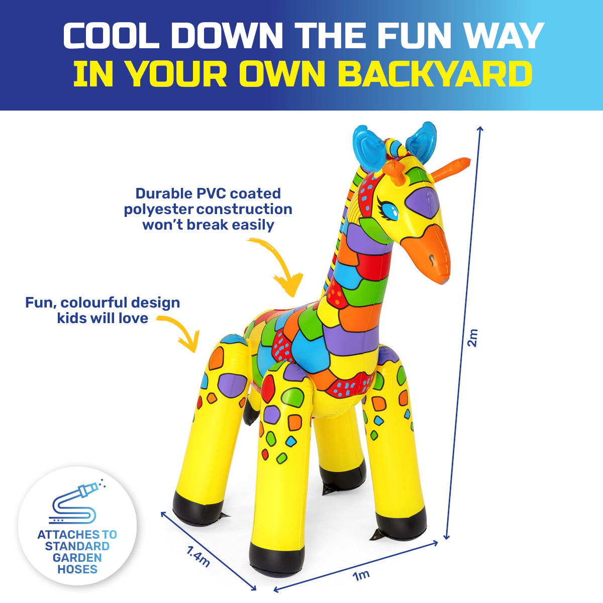 Brightly coloured 2m tall inflatable giraffe sprinkler with built-in sprayer, perfect for summer fun.