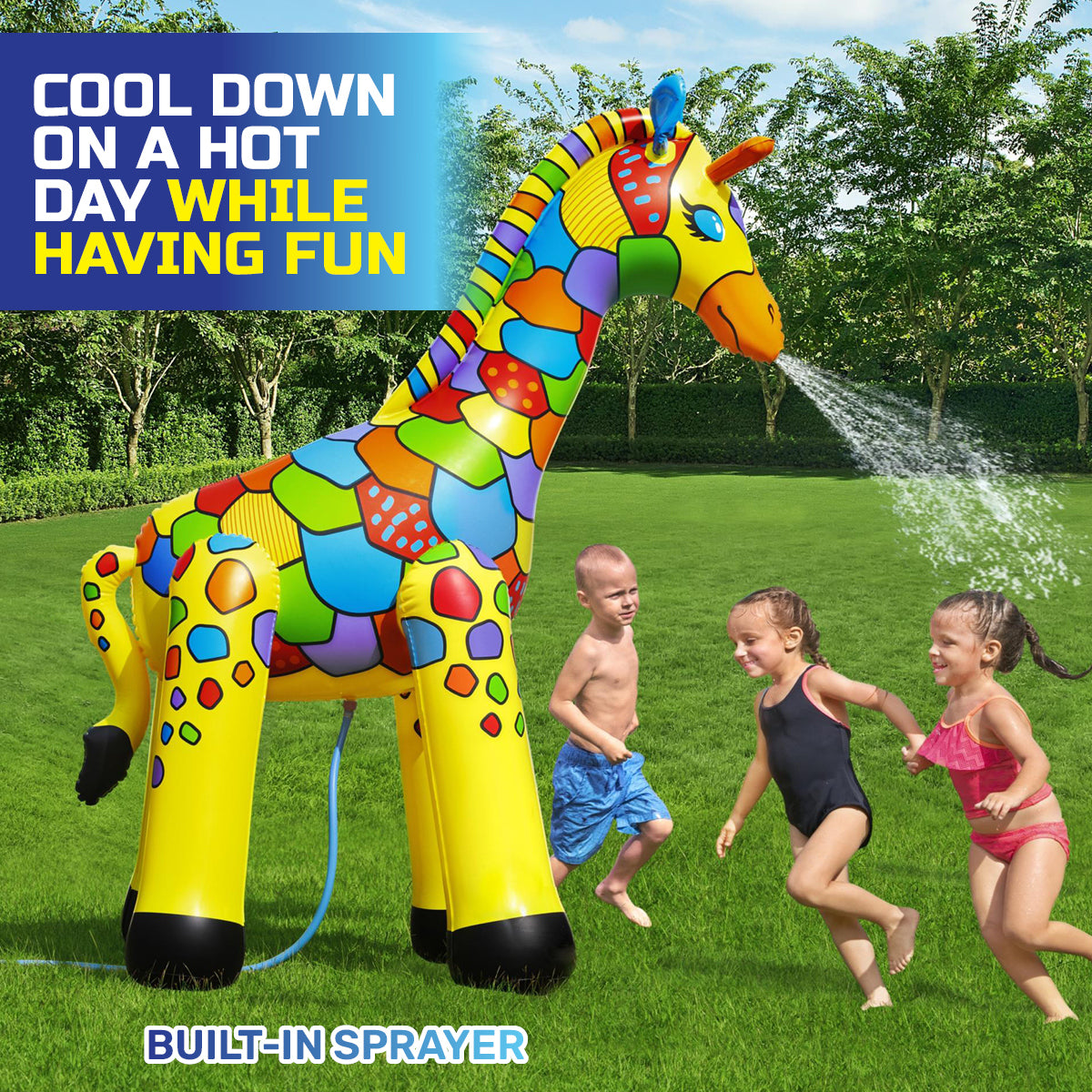 Brightly coloured 2m tall inflatable giraffe sprinkler with built-in sprayer, perfect for summer fun.