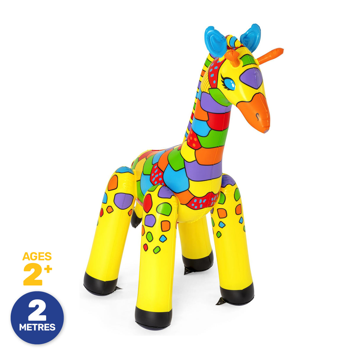 Brightly coloured 2m tall inflatable giraffe sprinkler with built-in sprayer, perfect for summer fun.